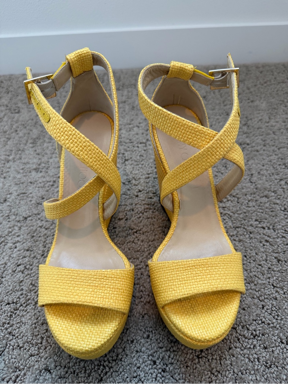 Authentic Jimmy Choo Portia 120 Pop Yellow Wedge Sandals Sz 38